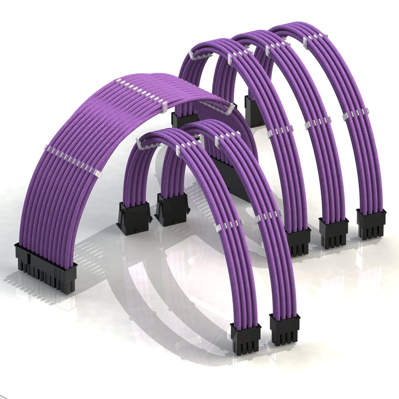LINKUP - AVA 30cm PSU Cable Extension Sleeved Custom Mod GPU PC Braided w/Comb Kit - Compatible with RTX3090 | 1 x 24 P (20+4) | 2 x 8 P (4+4) CPU | 3 x 8 P (6+2) GPU Set | 300mm - Purple - Image 1